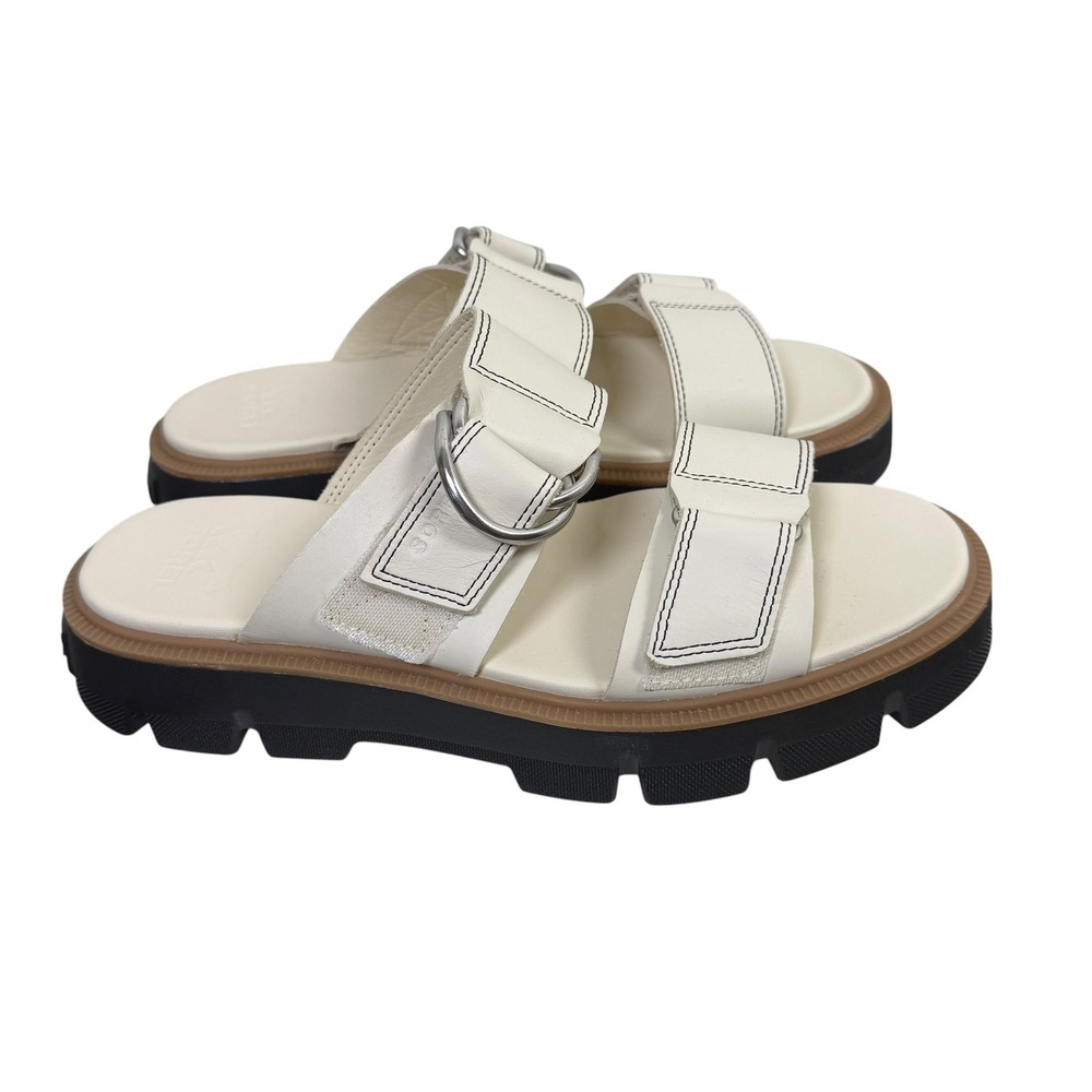 Sorel Rein CB Platform Leather Slide Sandal in Chalk / Black Chunky Size 9
